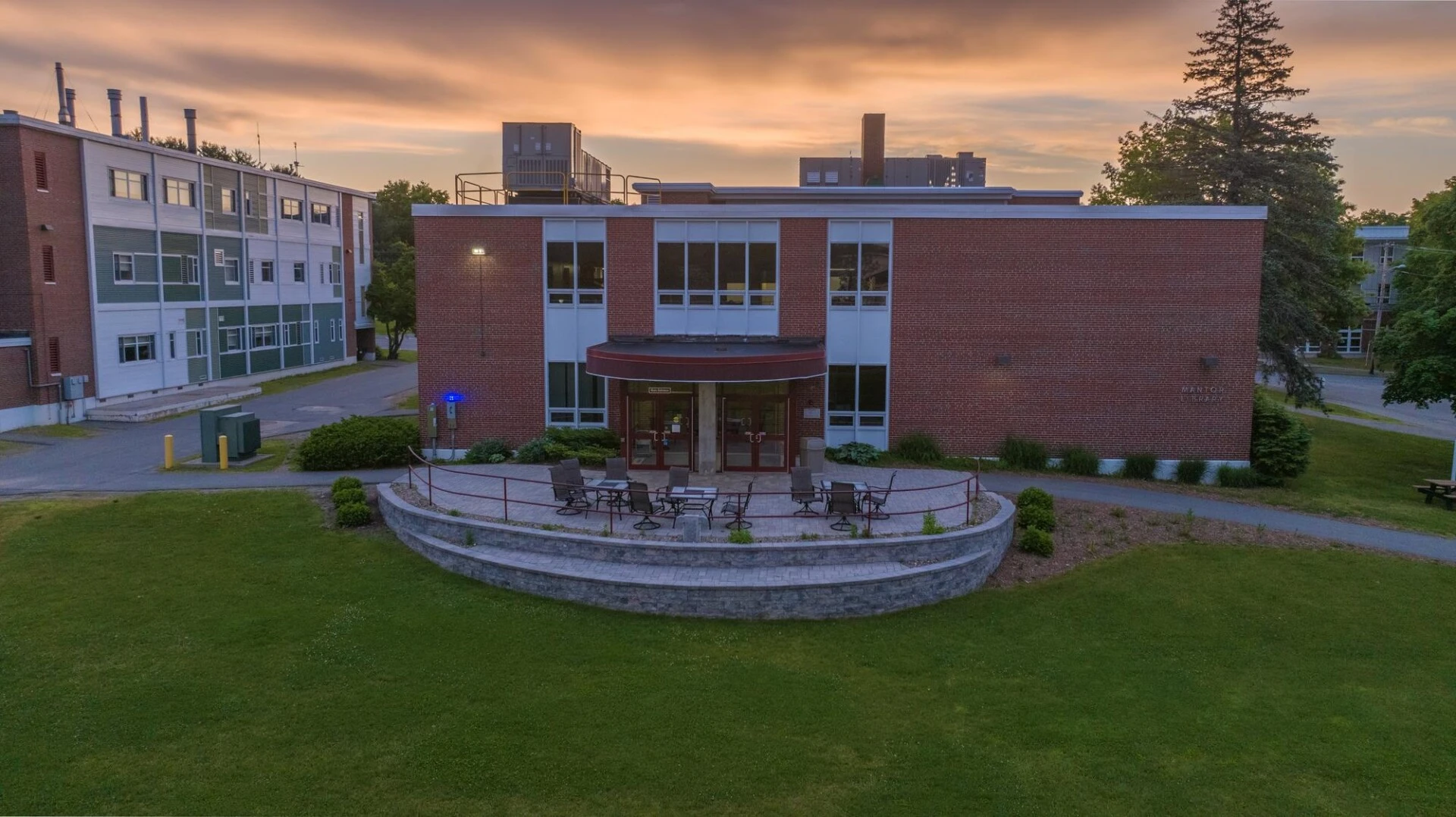Drone photo of exterior of UMF campus building.