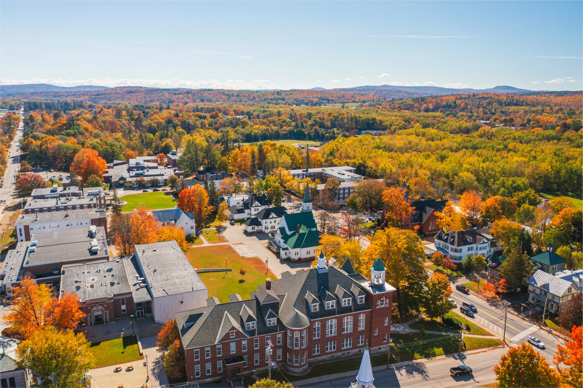 Aerial view of campus in the fall