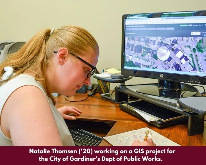 Natalie Thomsen '20 working on a GIS project for the City of Gardiner's Department fo Public Works