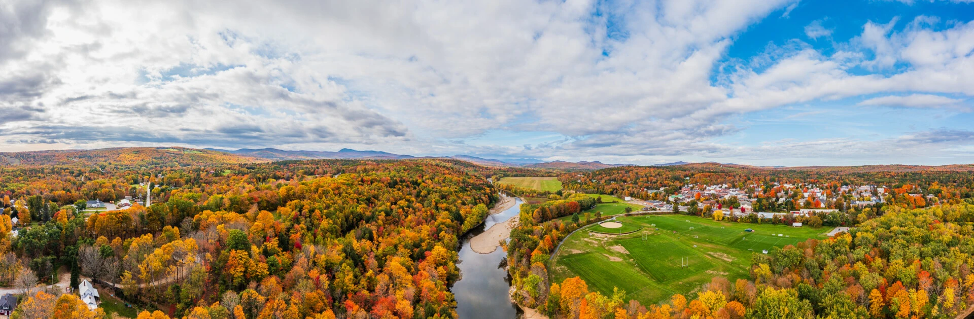 Wide angle aerial view of campus