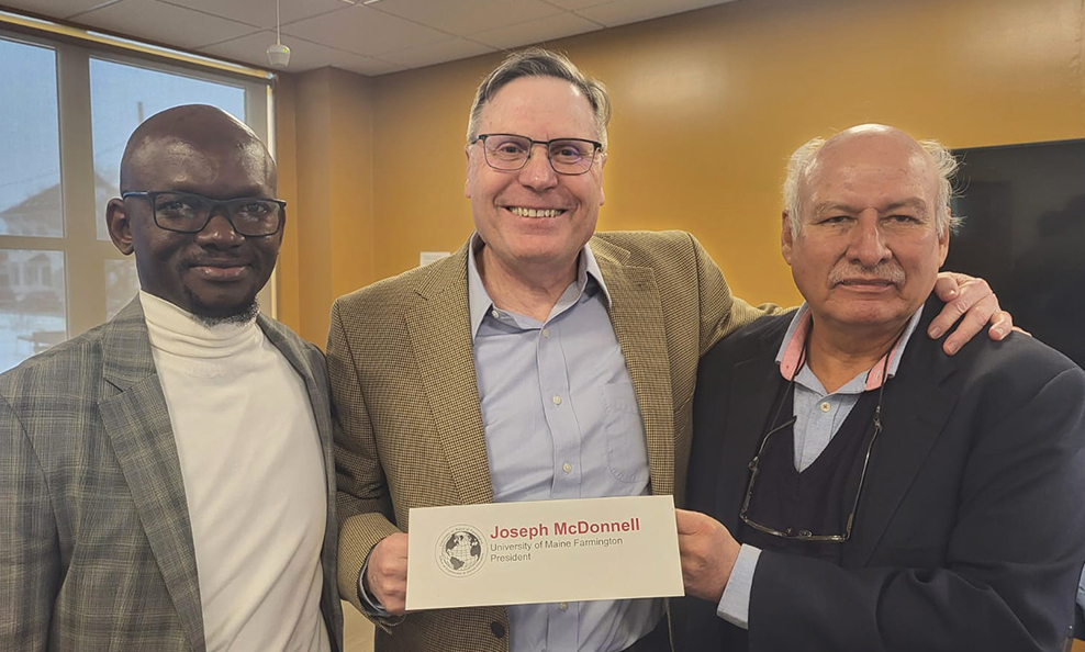 UMF President Joseph McDonnell (center) with Dr. Abdoulaye Ndiaye (left) from the Université de Cheikh Anta Diop in Dakar, Senegal, and Dr. Jefrey Gamarra Carrillo (right) from the Universidad Nacional de San Cristóbal de Huamanga in Peru.