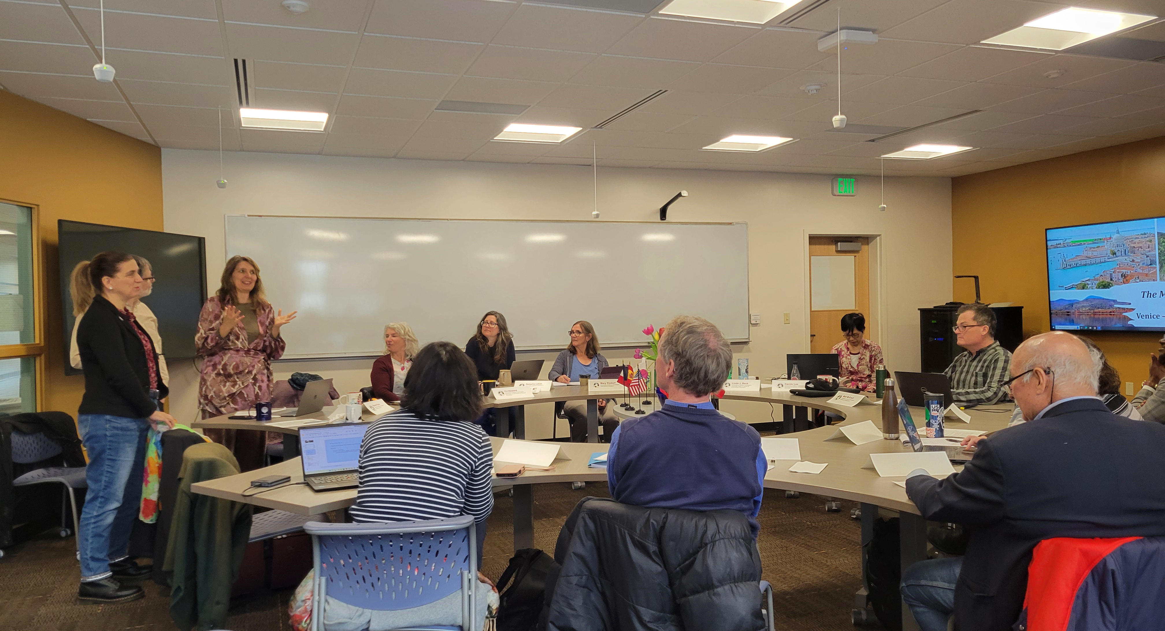 Professors Stefania Franchini (left) and Cecila Franchini (right) from Italian Music Conservatories in Pescara and Venice presenting on their Virtual Global Experience with Professor Steve Pane of the UMF Music program.