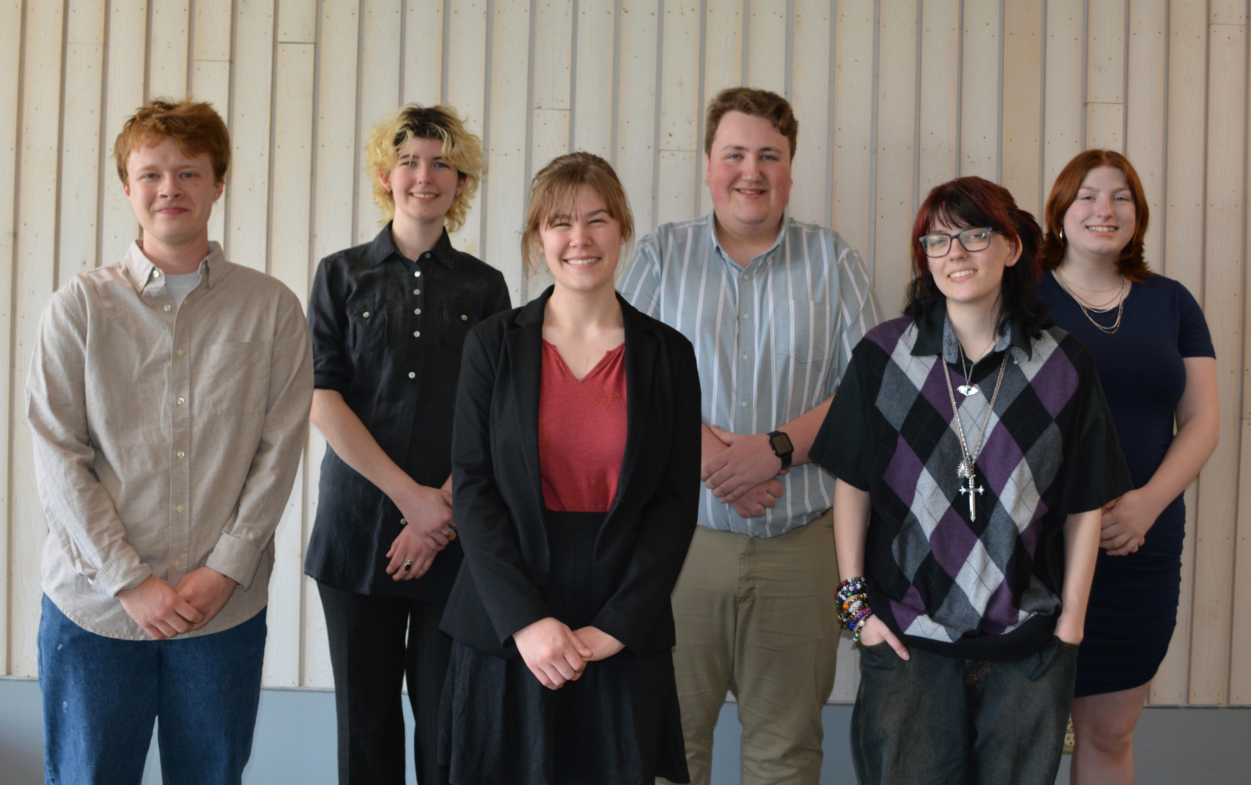(Left to right) UMF Spring 2024 Wilson Scholars: Grayson Koelbl, Natalka Harris, Manu Ritchie, Alden Hallett-Chelsea, Kelly Gentilo and Shaylynn Koban. Not pictured: Grayson Havens, Aidan Mulrooney.