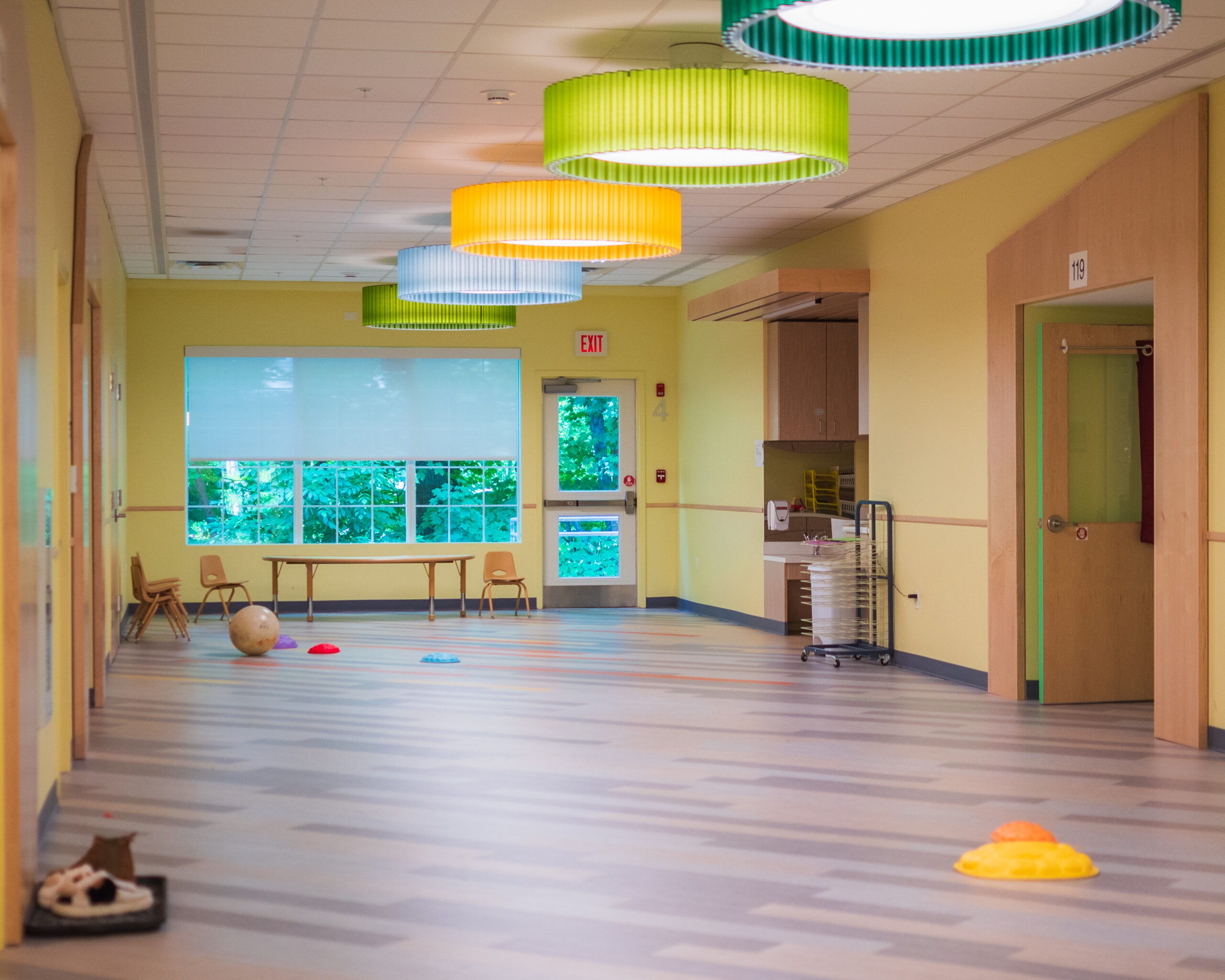A Brightly lit hallway within the Sweatt-Winter Facility