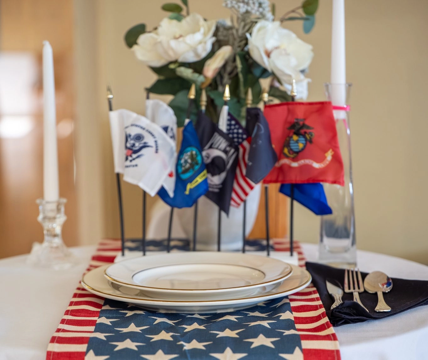 Table setting with various military flags