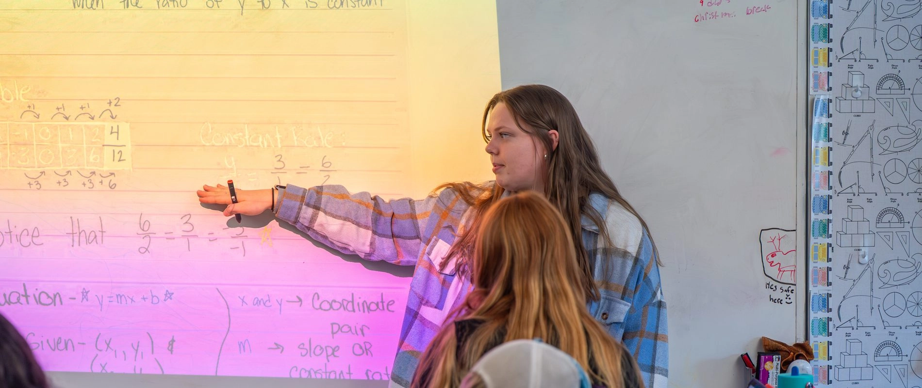 Math teacher stands in front of a white beard pointing at an equation as she teaches her students