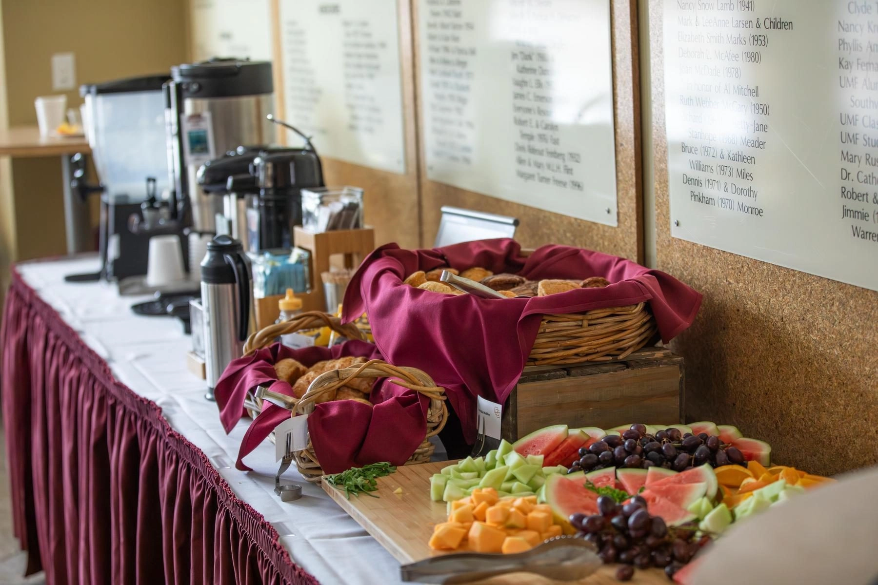 Coffee, pastry, and fruit bar.