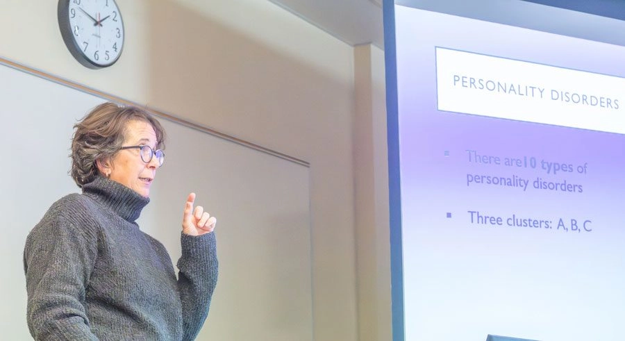 Professor in front of slides teaching