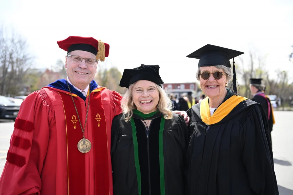 UMF President Joseph McDonnell, Commencement keynote speaker Dr. Dora Anne Mills and member of the University of Maine System Board of Trustees Trish Riley