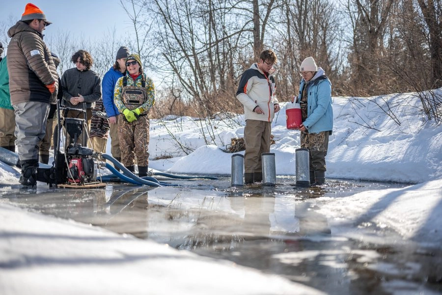 Students doing field research on Salmon eggs in a river during winter.