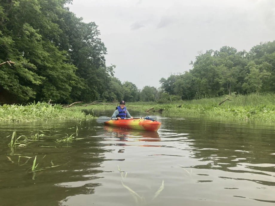 Person wearing a life jacket paddles a colorful kayak on a calm river, with dense green banks and overcast sky behind.