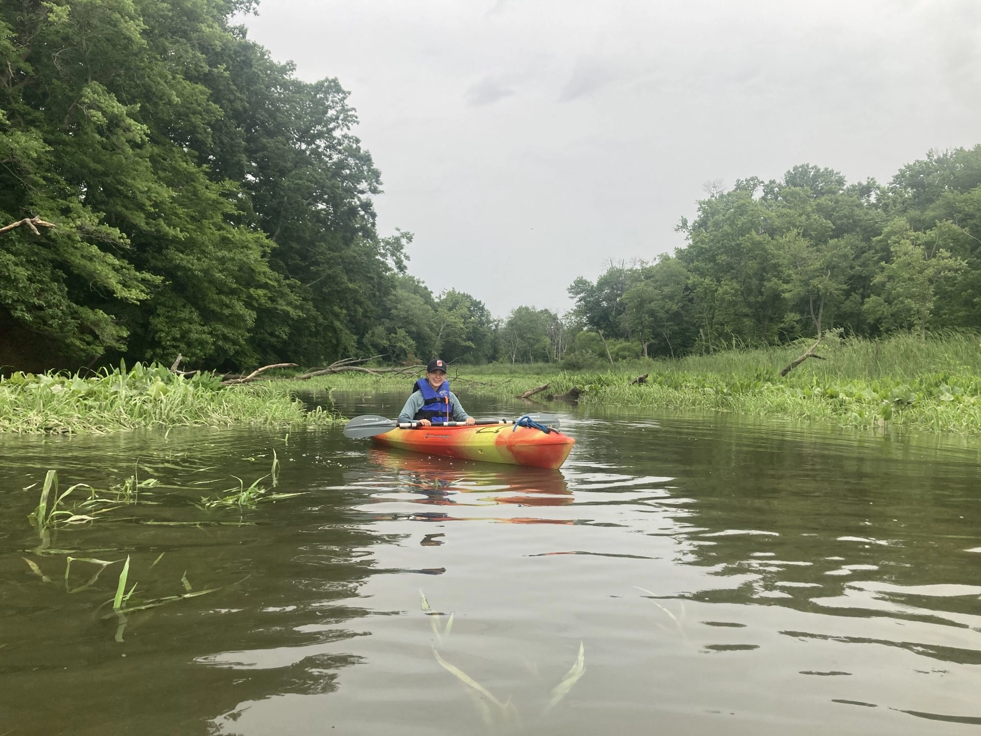 Person wearing a life jacket paddles a colorful kayak on a calm river, with dense green banks and overcast sky behind.