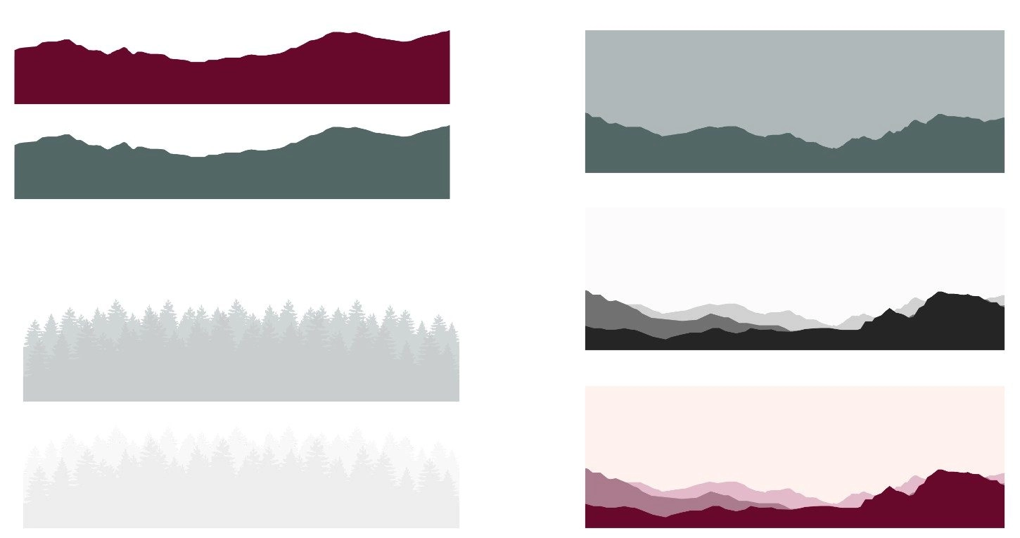 Dark burgundy jagged mountain ridge silhouette on a white background (top-left).