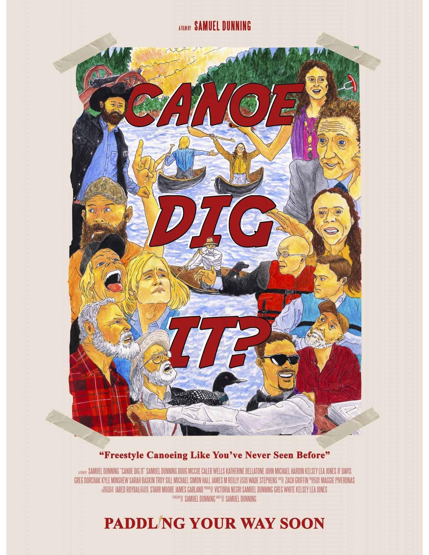 Poster for a film titled Canoe Dig It? showing a colorful collage of people in canoes and on shore, with the tagline 'Freestyle Canoeing Like You've Never Seen Before'