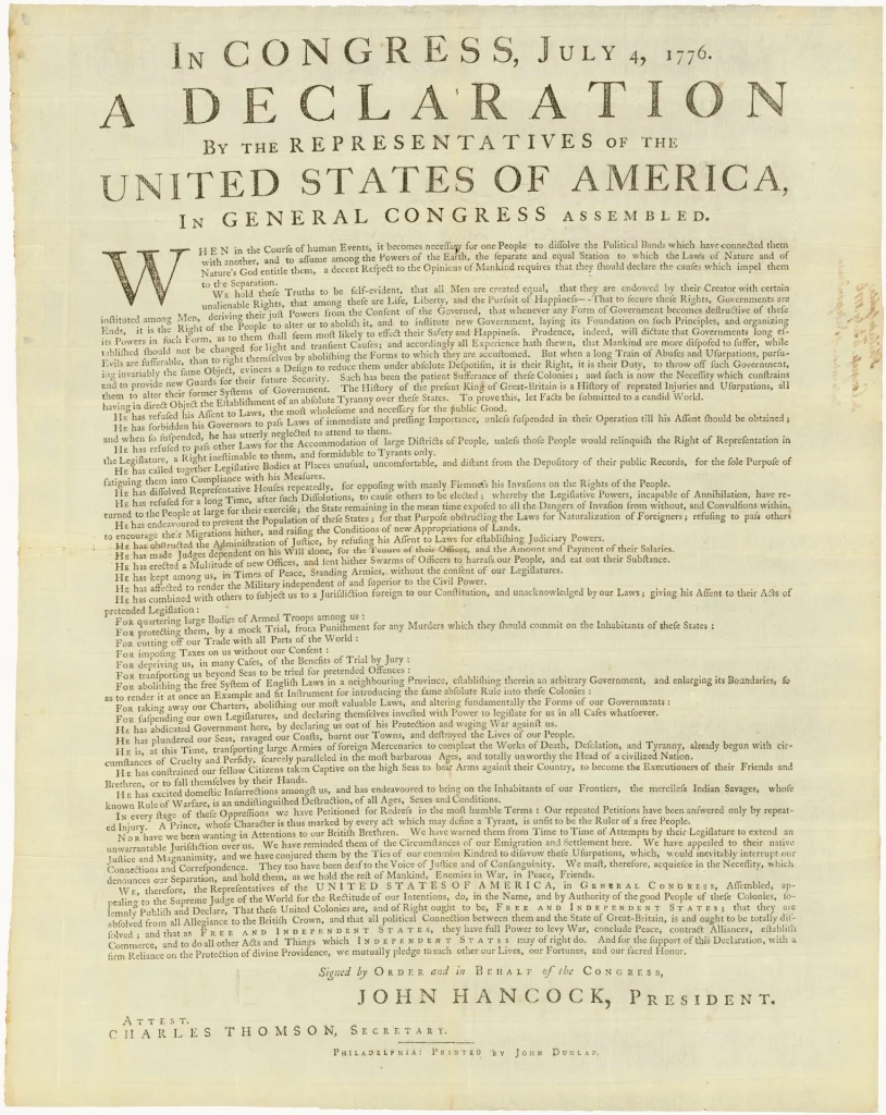 An image of the original 1776 Dunlap Broadside copy of the Declaration of Independence