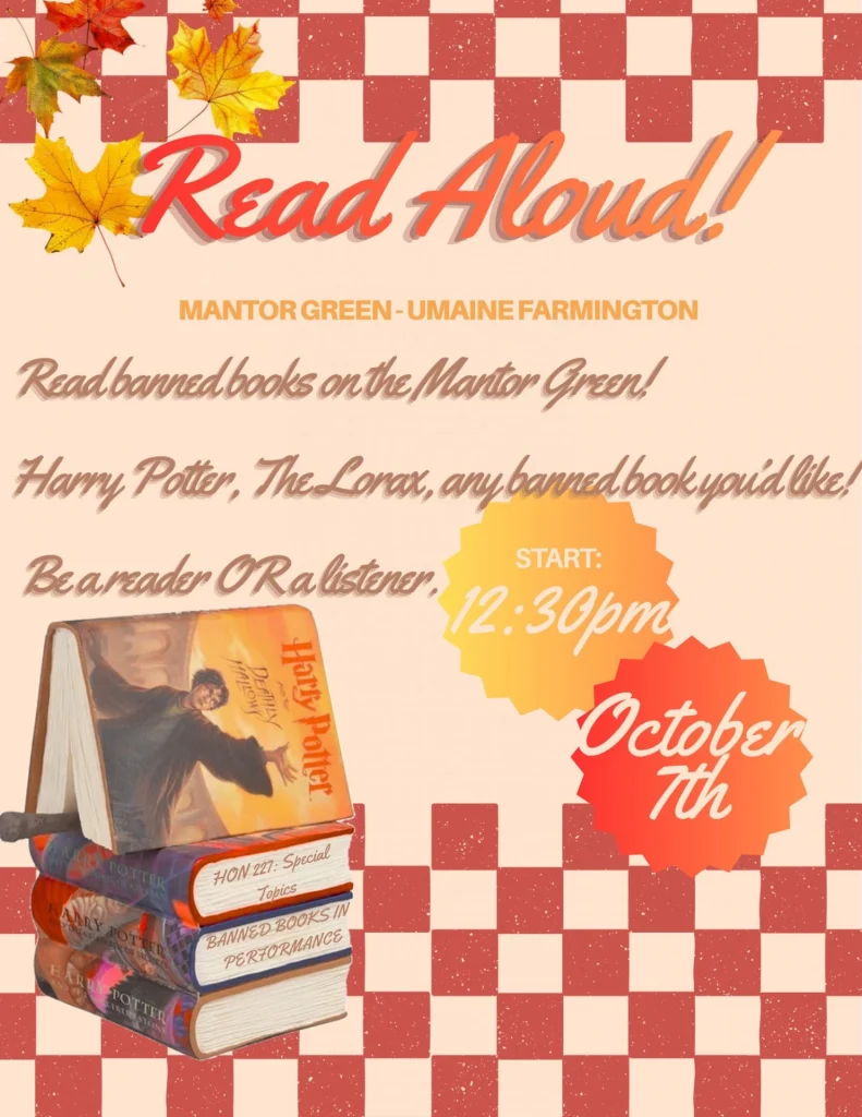 Poster for Banned Books event featuring fall colors and Harry Potter books