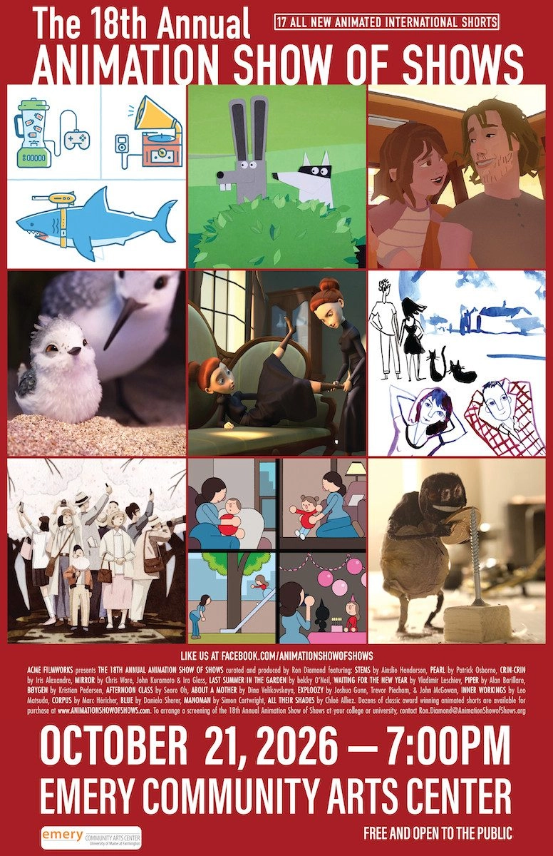 Poster advertising the 18th Annual Animation Show of Shows on October 21, 2026 at Emery Community Arts Center; collage of animated scene thumbnails on a red background.