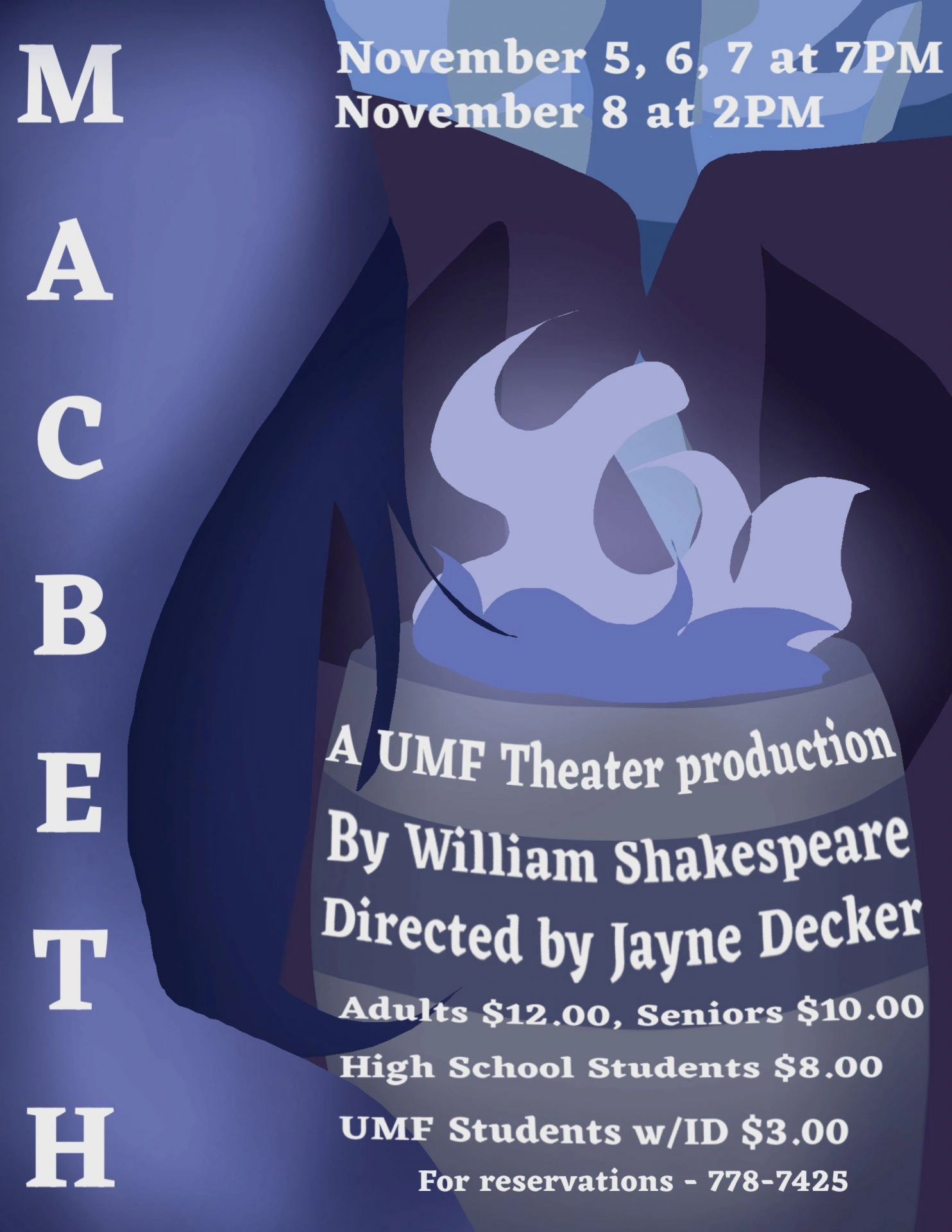 Poster advertising a UMF Theater production of Macbeth by William Shakespeare, directed by Jayne Decker; shows show dates Nov 5–8 and ticket prices.