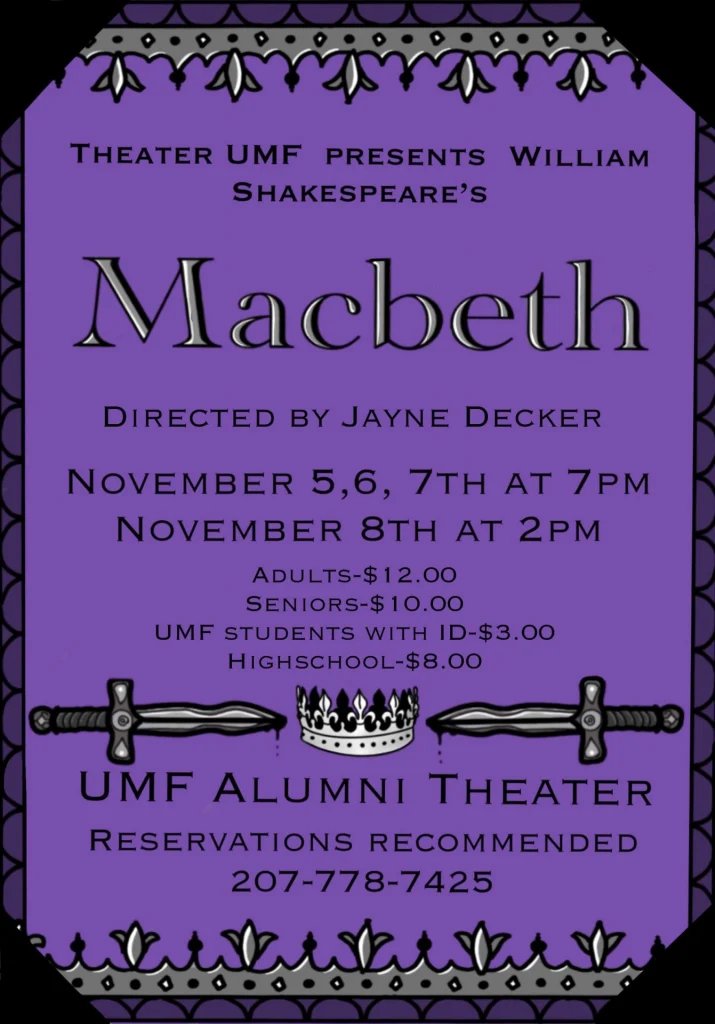 Purple poster for university production of William Shakespeare's Macbeth