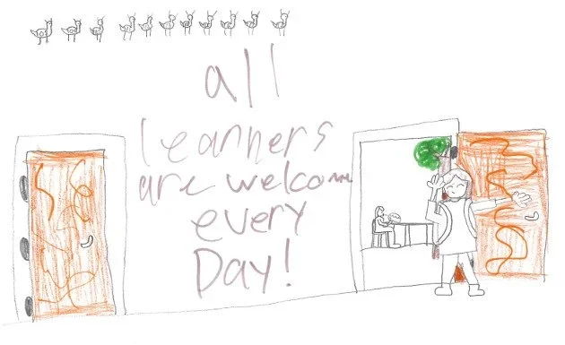 Child’s drawing of a school hallway with two open doors, a student waving at the right door, a handwritten message in the center: 'all teachers are welcome every day,' and a row of small animal doodles along the top.